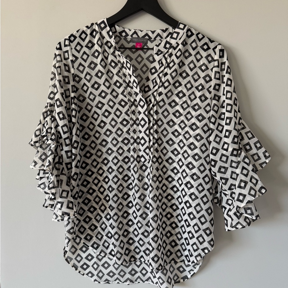 Black and white blouse with flutter sleeves